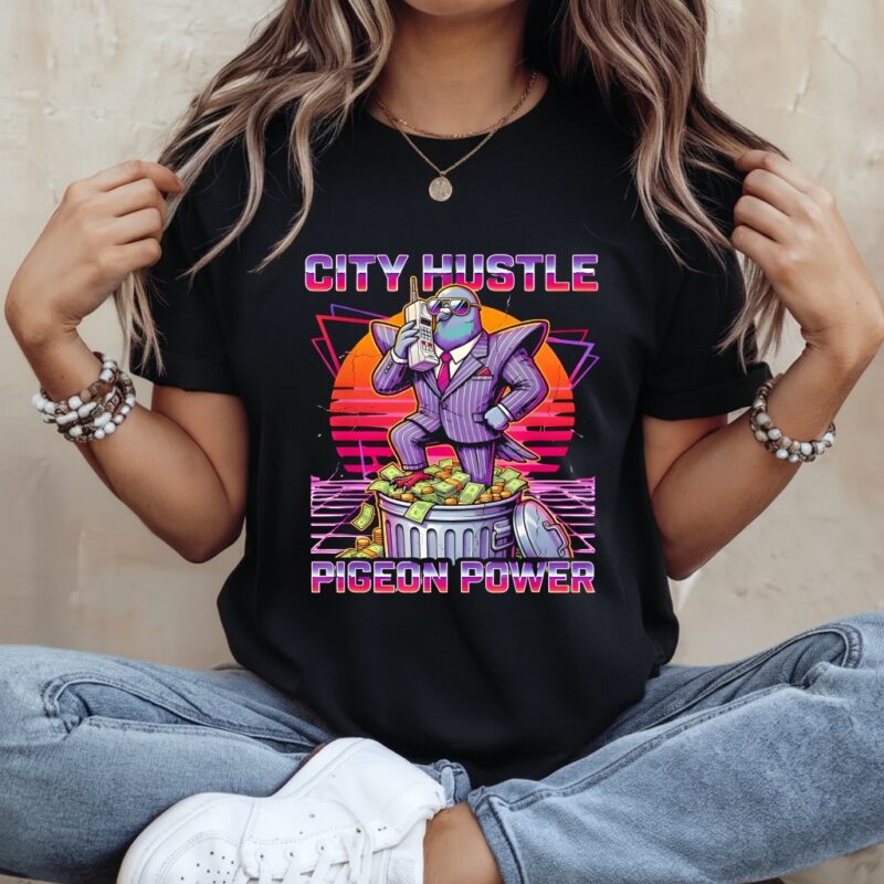 Pigeon Power City Hustle Funny Retro 80s Synthwave_Ladies T-Shirt